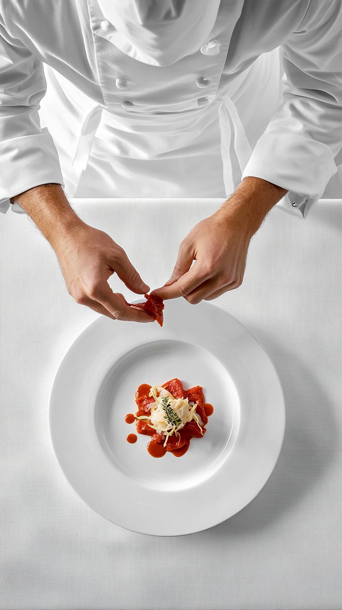Chef plating a refined dish in a bright kitchen